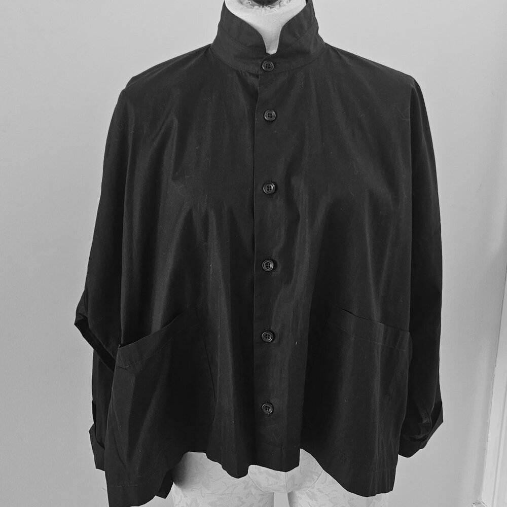 Eskandar Black Cotton Blouse w/ Raglan Sleeve, Pockets, Size 0 (Small)